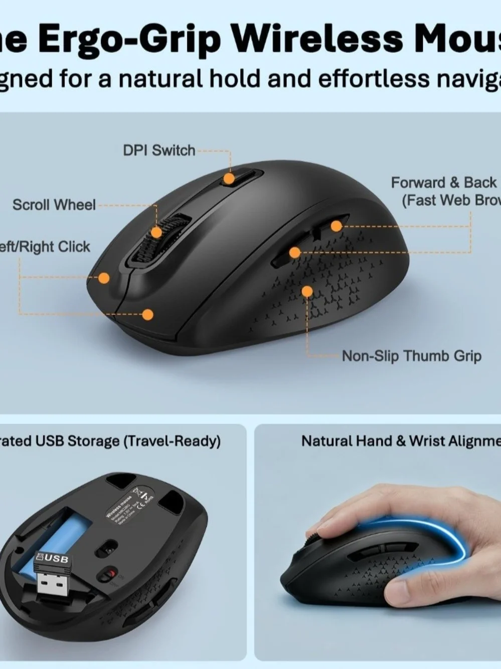 Wireless Keyboard and Mouse Combo, Full-Size Ergonomic Computer Set with Palm